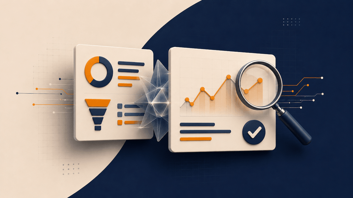 Ilustración de paneles de analítica con gráficos, un embudo de conversión y una lupa, que representa la revisión de datos en Google Ads y Analytics con ayuda de la IA.